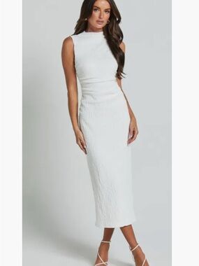Showpo Aleks Midi Dress - High Neck Bodycon Dress in Off White